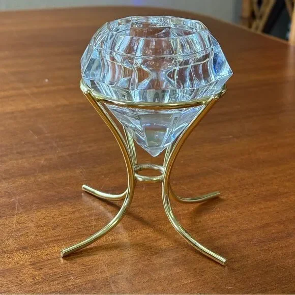 PARTYLITE Diamond Solitaire Shaped 24% Lead Crystal Candle Holder Gold Stand - Picture 4 of 10